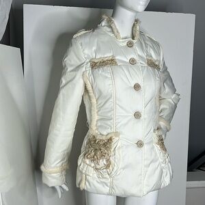Roccobarocco Size 42 Cream White Down Rabbit Fur Trim Fitted Zip Jacket